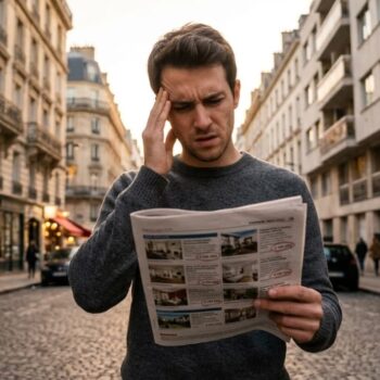 Homme confus face aux prix des annonces immobilières à paris et régions parisiennes
