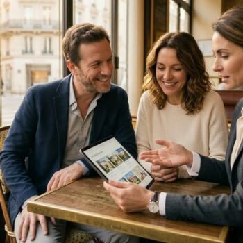 Couple détendu consultant des biens immobiliers sélectionnés par un chasseur immobilier