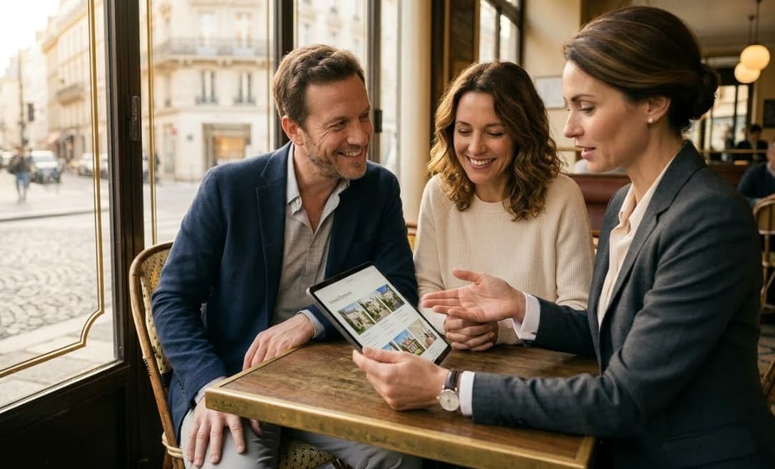 Couple détendu consultant des biens immobiliers sélectionnés par un chasseur immobilier
